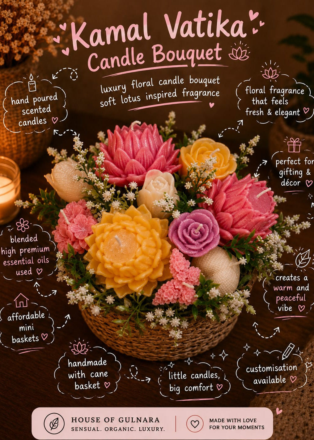 Kamal Vatika Candle Bouquet with flowers on a dark background