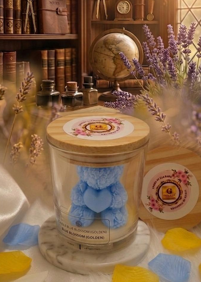 Glass jar with a blue teddy bear inside, wooden lid, on a surface with decorative items in the background.