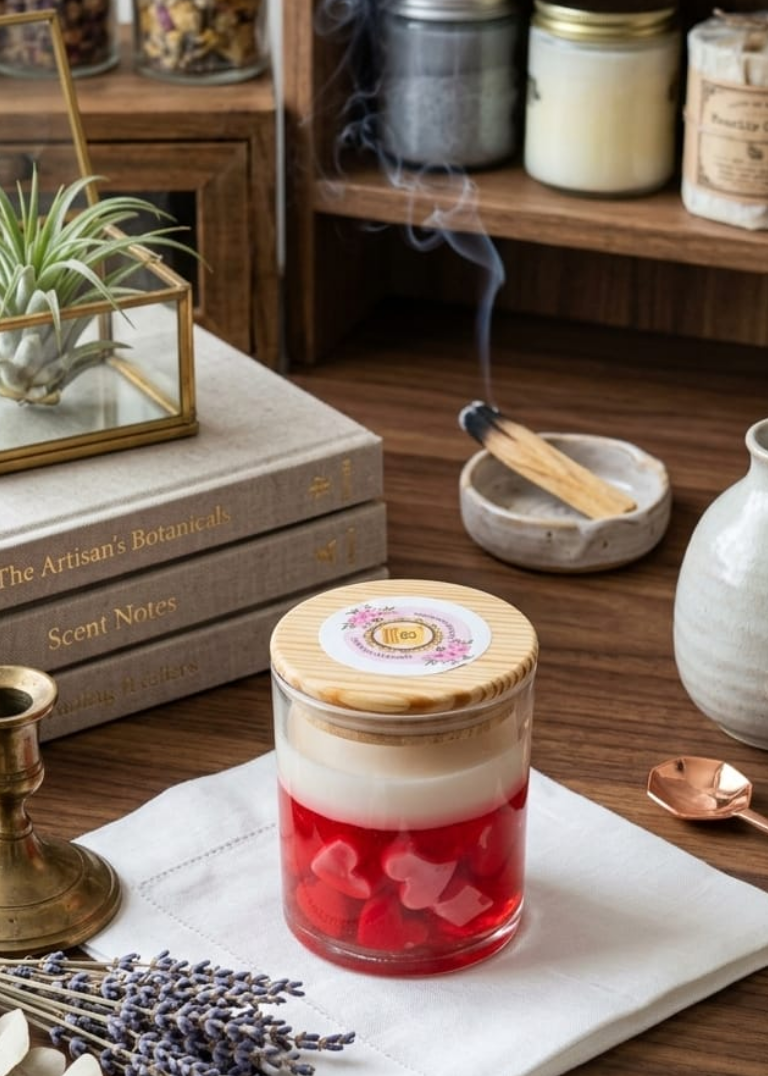 Jar of lavender-infused candle with a wooden lid on a wooden surface, surrounded by books and decorative items.