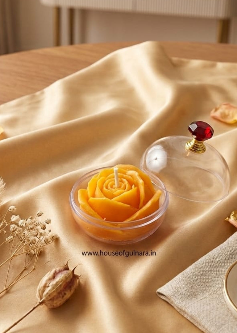 YELLOW ROSE CANDLE IN APPLE FIBRE GLASS BOX