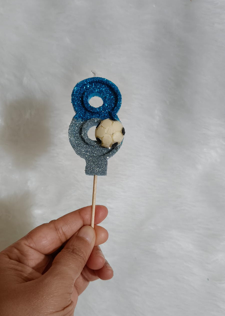 EIGHT BLUE FOOTBALL GLITTER  NUMBER DESIGNER CANDLE WITH STICK