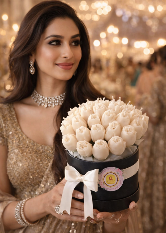 Woman holding a large bouquet of white tulip candles in a decorative box with a visible brand logo.
