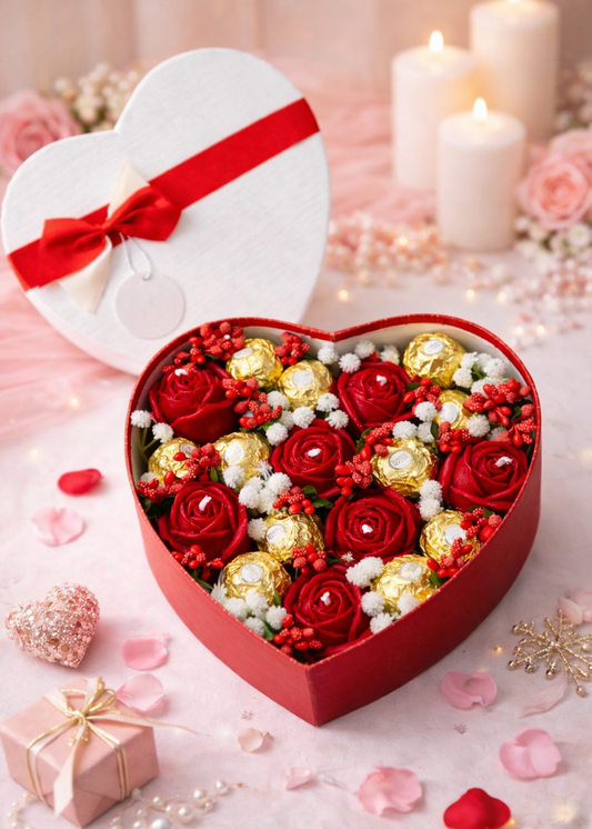 Heart-shaped box filled with red and gold roses on a romantic setting with candles and flowers.