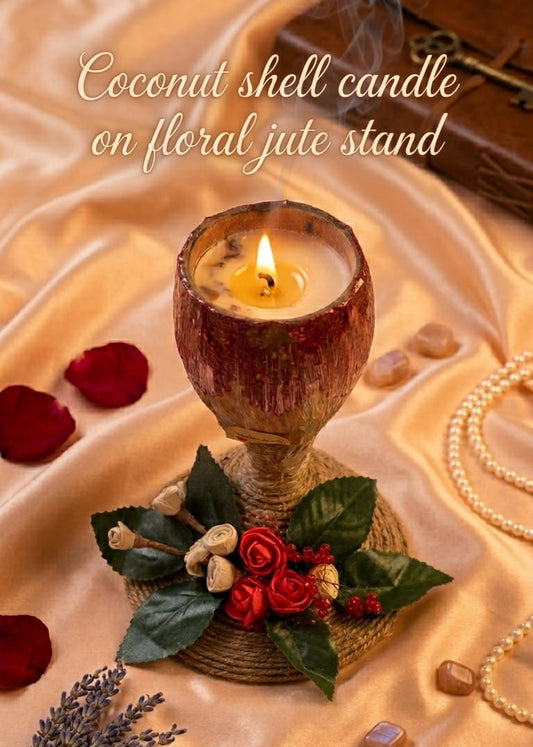 Coconut shell candle on floral jute stand