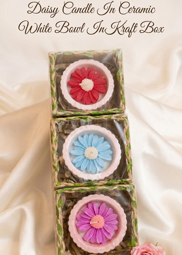 Daisy candle in ceramic bowl in kraft box