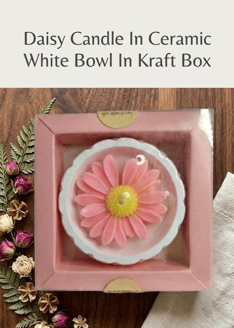 Daisy candle in ceramic bowl in kraft box