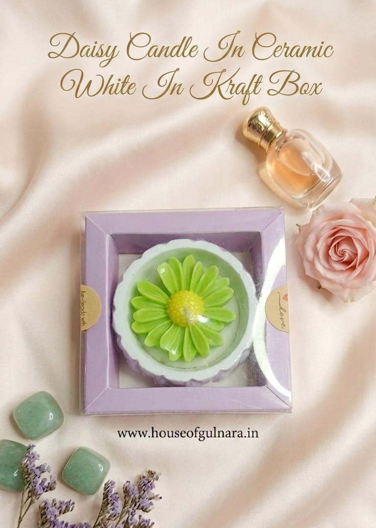Daisy candle in ceramic bowl in kraft box
