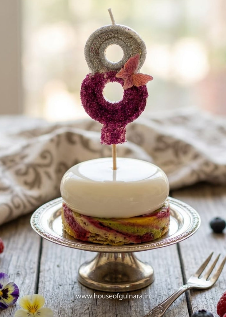 Small cake with a decorative topper on a wooden table with berries and flowers.