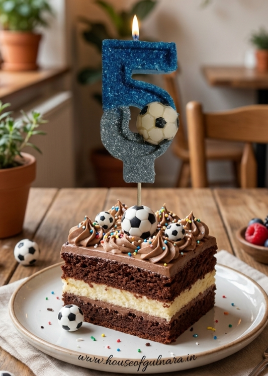 FIVE BLUE FOOTBALL GLITTER  NUMBER DESIGNER CANDLE WITH STICK