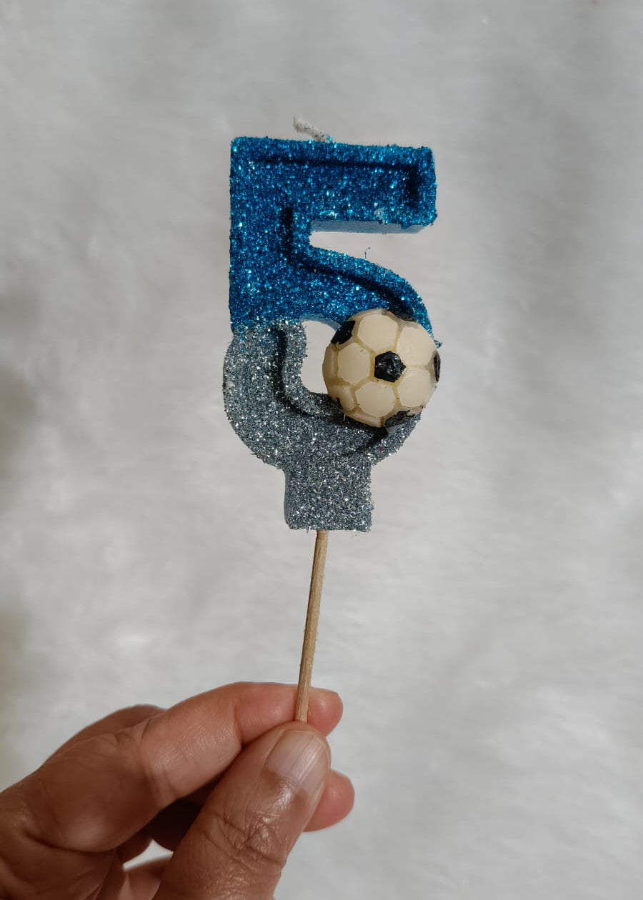 FIVE BLUE FOOTBALL GLITTER  NUMBER DESIGNER CANDLE WITH STICK
