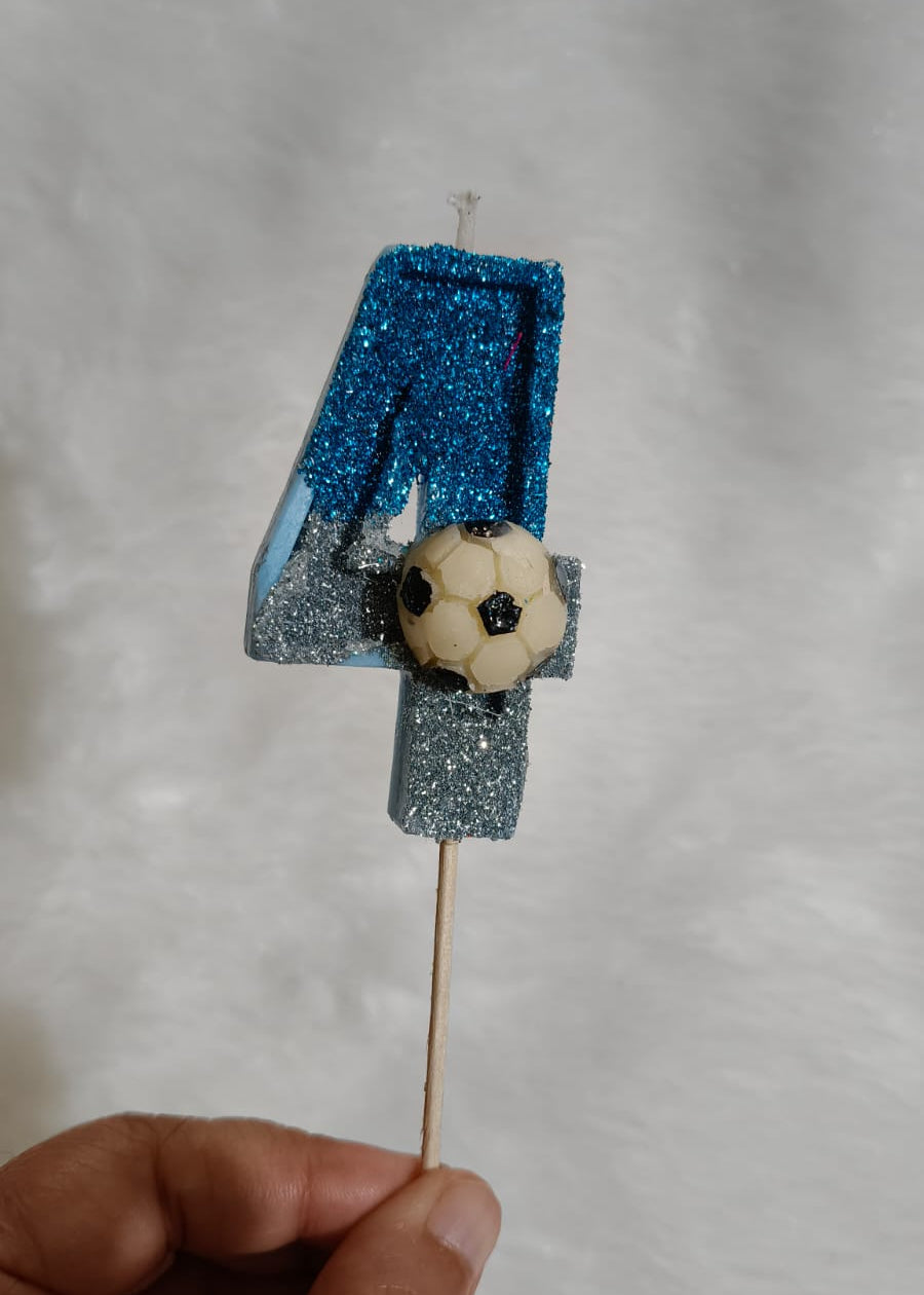 FOUR BLUE FOOTBALL GLITTER  NUMBER DESIGNER CANDLE WITH STICK