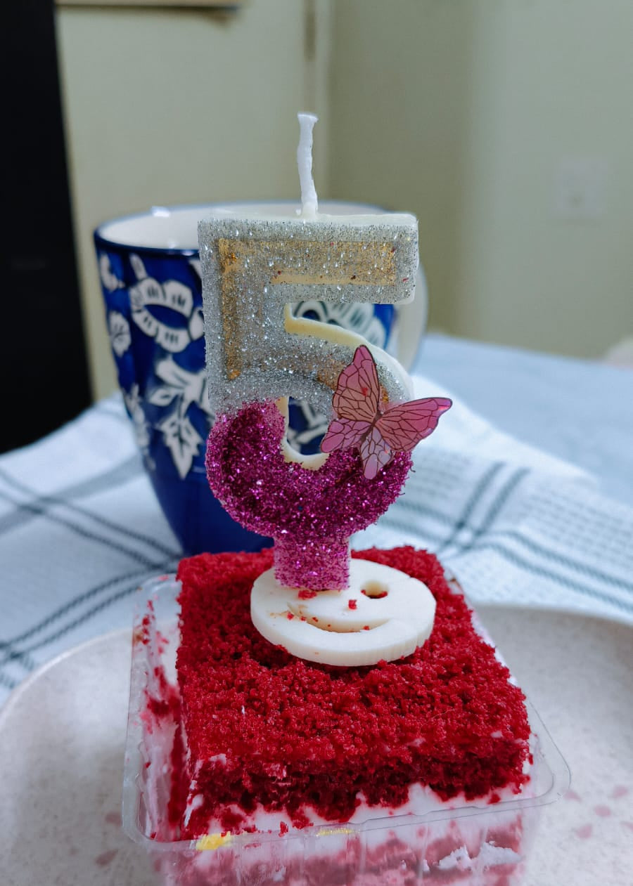 Small red cake with a birthday candle on a white plate