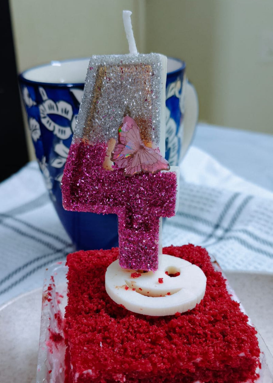 Four Number Butterfly Glitter Candle – Cake Topper