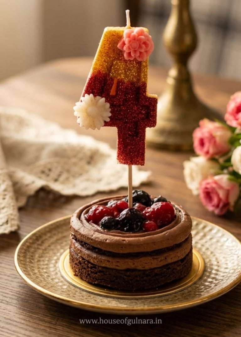 Four Number Floral Glitter Candle with Stick – Cake Topper