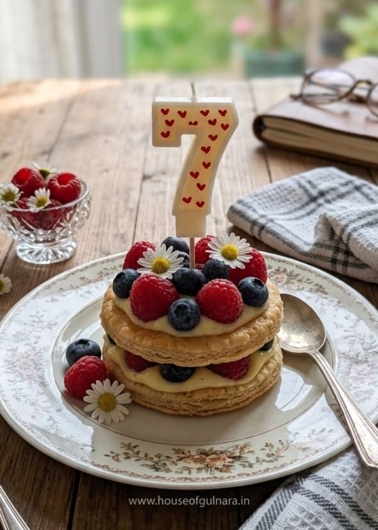 Small layered cake with berries on a plate, accompanied by a number 7 candle, on a wooden table.