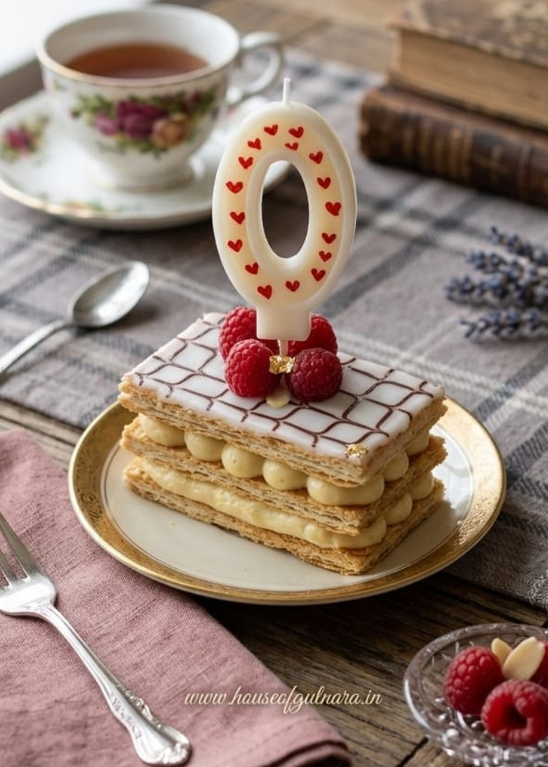 Layered dessert with a decorative candle on a wooden table with a cup of tea and books in the background.