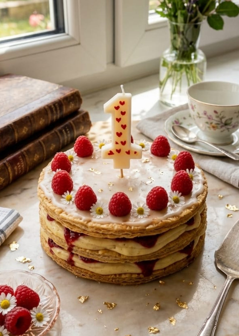 Layered cake with raspberries and a lit candle on a marble surface with a window and flowers in the background.