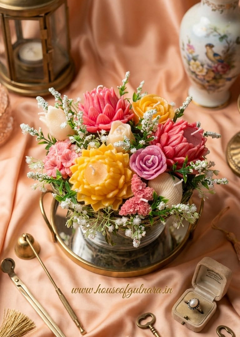 Decorative LOTUS CANDLE  flower arrangement in a CANE BASKET HANDMADE on a pink fabric background with keys and a lantern.