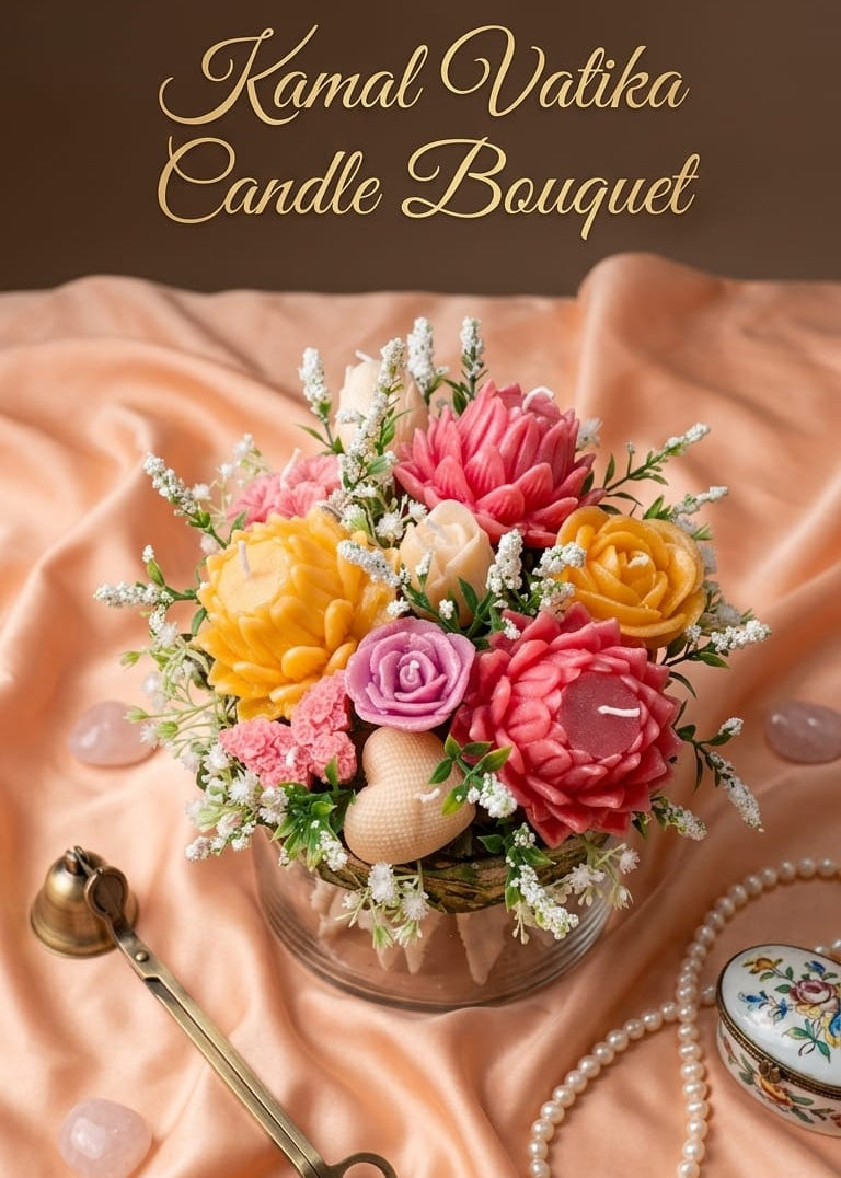 Candle bouquet with flowers on a soft fabric background, featuring 'Kamal Valika Candle Bouquet' text.