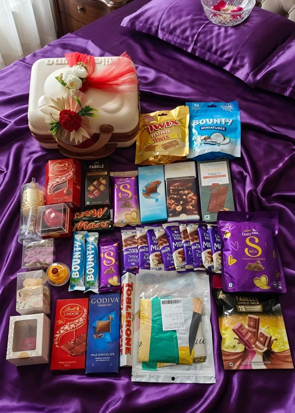 Assorted chocolates and candies on a purple bedspread