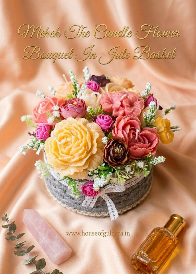 candle Floral arrangement in a basket with a candle and bottle on a soft pink background