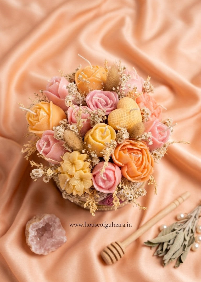 Bouquet of colorful candle flowers on a textured peach fabric background
