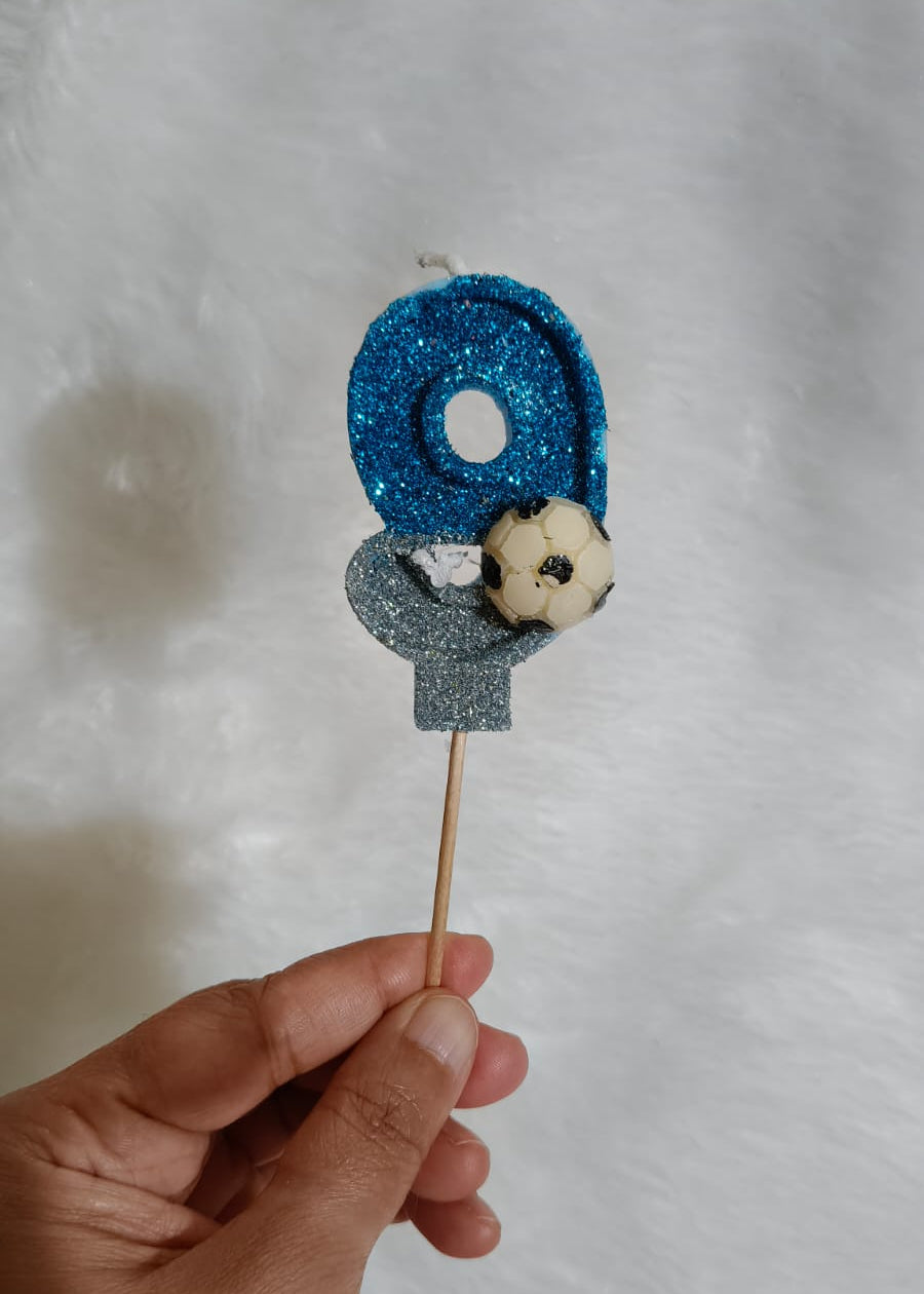 NINE BLUE FOOTBALL GLITTER  NUMBER DESIGNER CANDLE WITH STICK