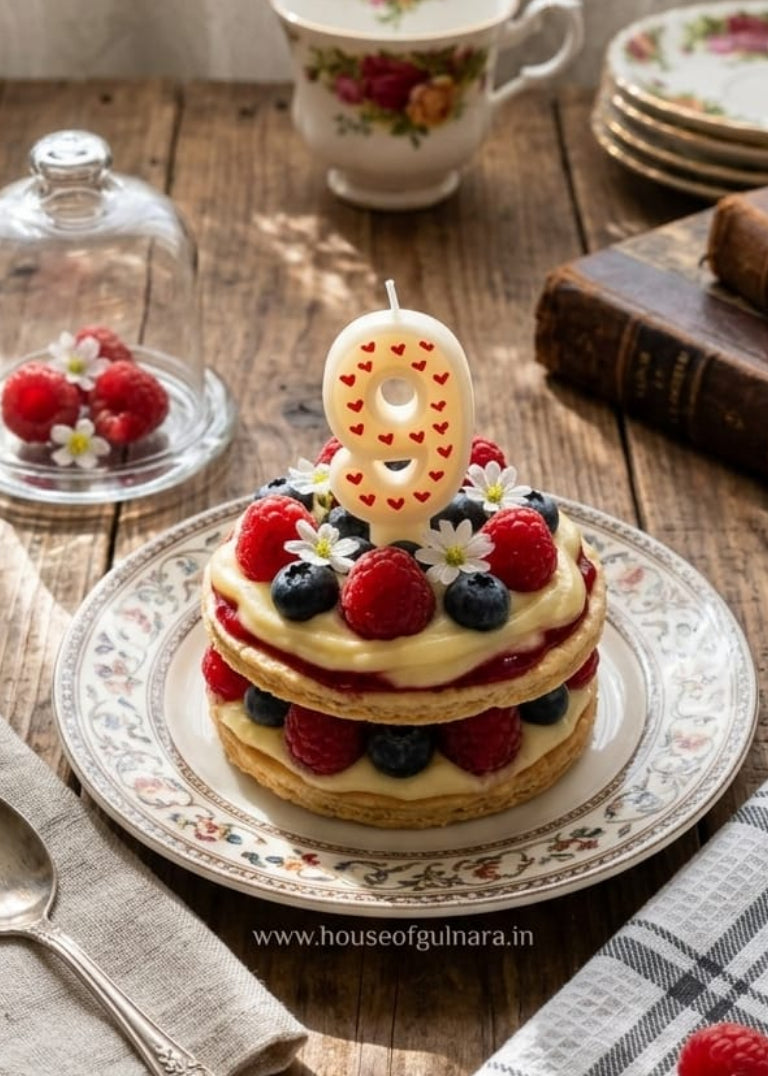 Small layered cake with berries and a lit candle on a wooden table with a teacup and books in the background.