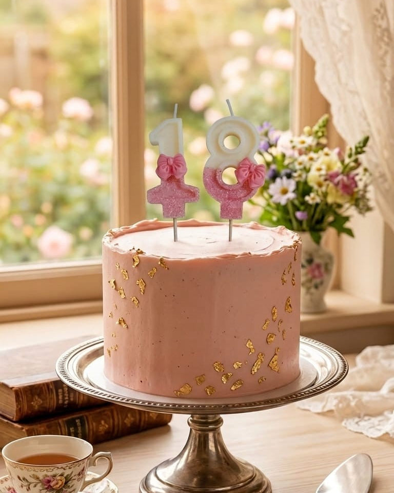 Pink birthday cake with number candles on a silver cake stand in a bright room with flowers and books.
