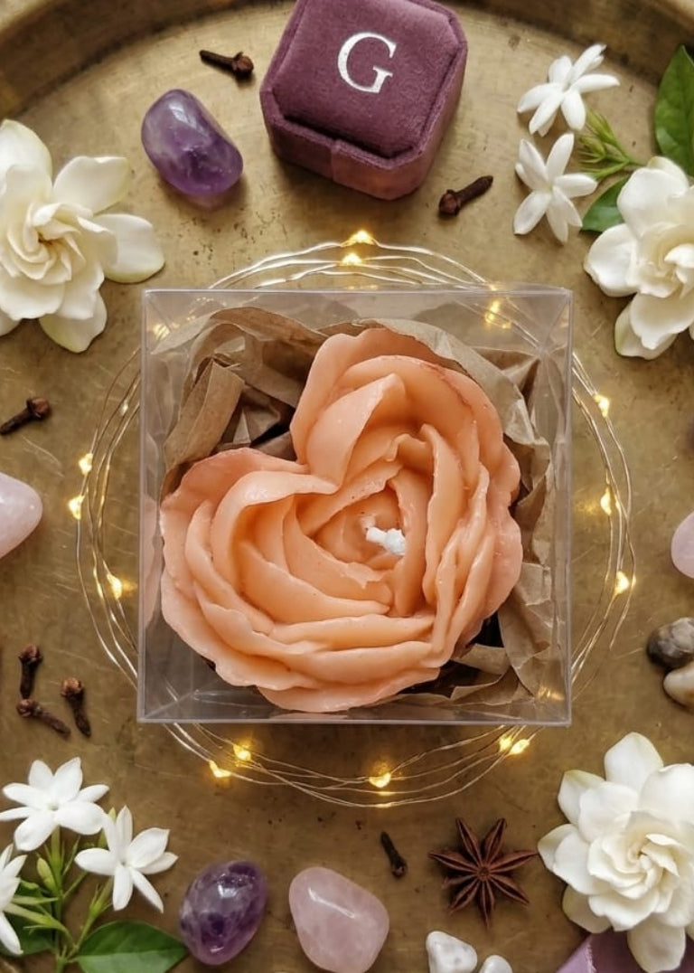 PEACH HEART ROSE CANDLE WITH STICK