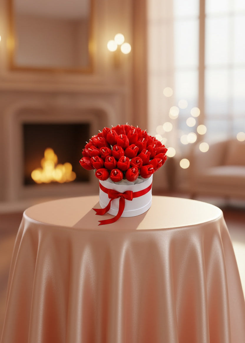 Bouquet of red tulip-shaped candles in a white container with a red ribbon on a wooden table.