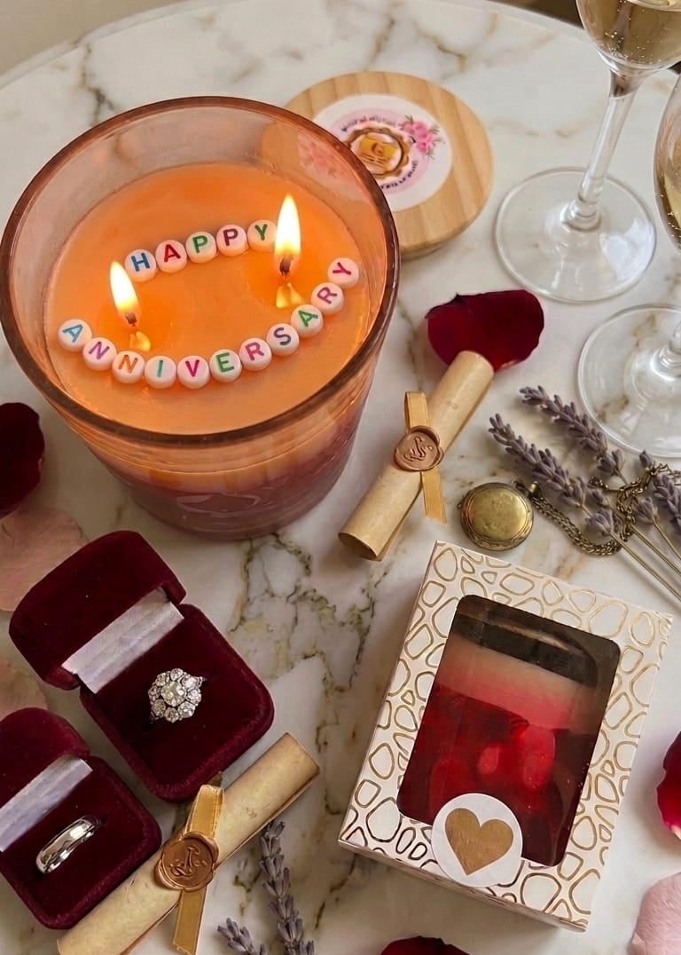 SECRET MESSAGE GLASS JAR CANDLE "HAPPY ANNIVERSARY"