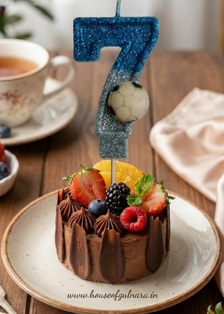 SEVEN BLUE FOOTBALL GLITTER  NUMBER DESIGNER CANDLE WITH STICK