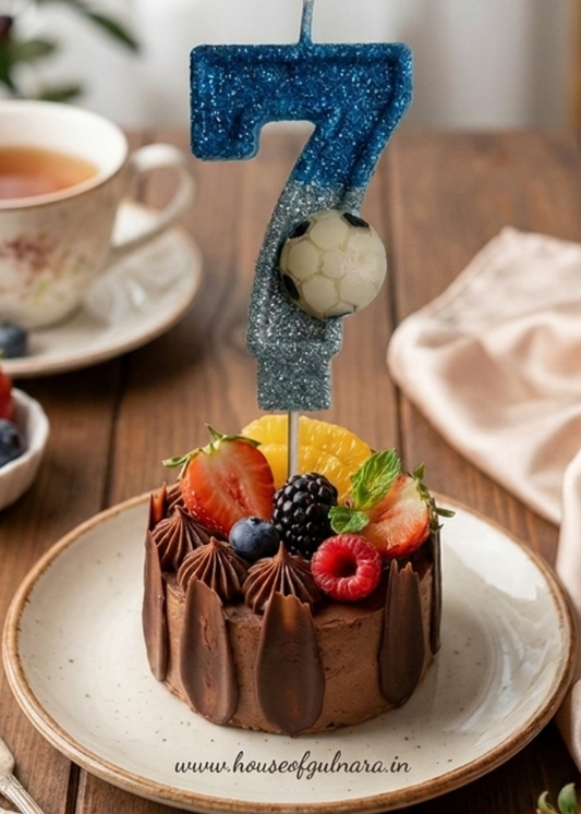 SEVEN BLUE FOOTBALL GLITTER  NUMBER DESIGNER CANDLE WITH STICK