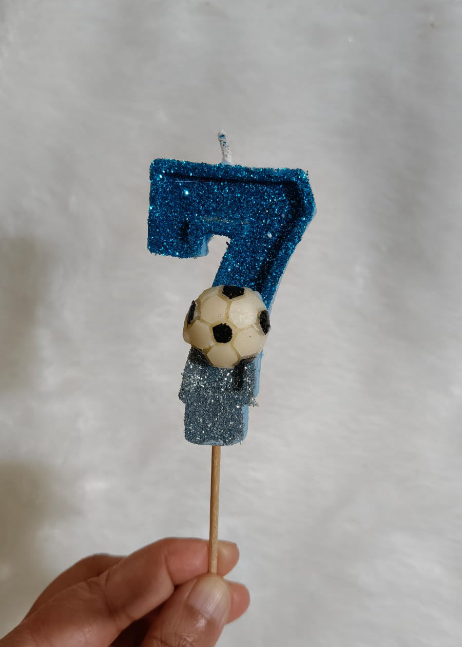 SEVEN BLUE FOOTBALL GLITTER  NUMBER DESIGNER CANDLE WITH STICK