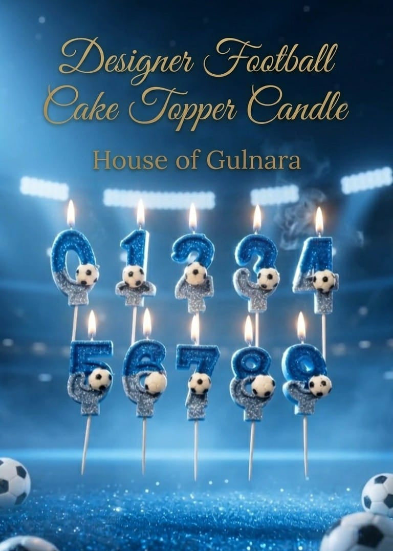 SEVEN BLUE FOOTBALL GLITTER  NUMBER DESIGNER CANDLE WITH STICK