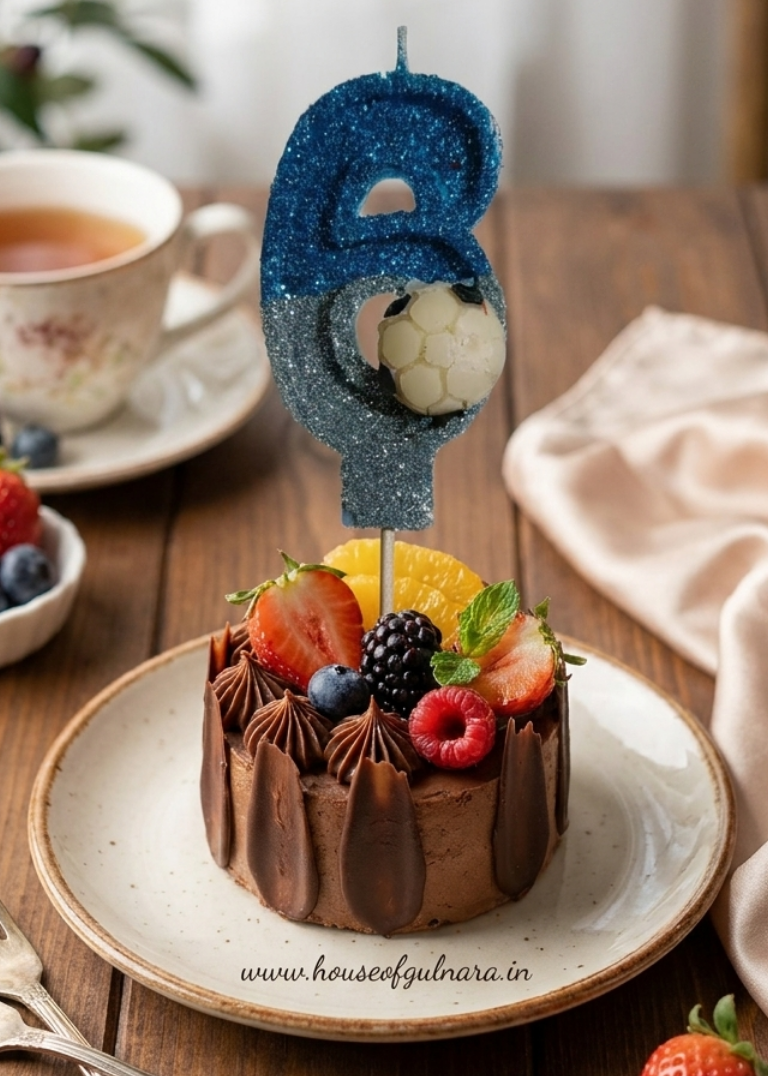 SIX BLUE FOOTBALL GLITTER  NUMBER DESIGNER CANDLE WITH STICK