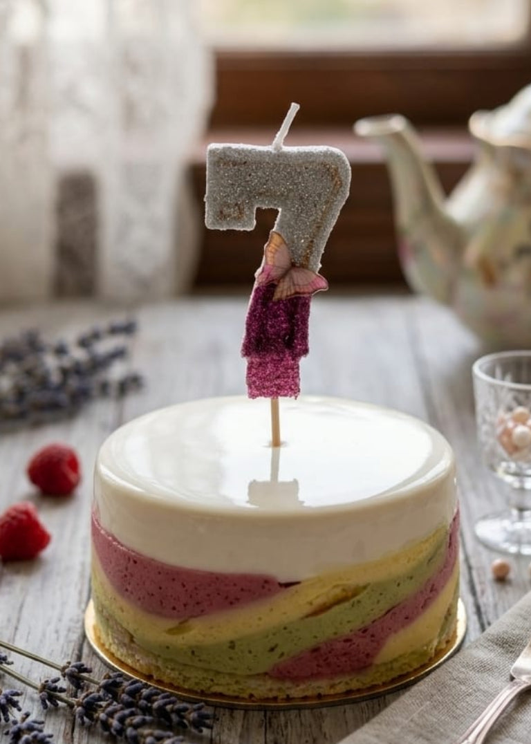Small cake with colorful layers and a number 7 candle on a wooden table.