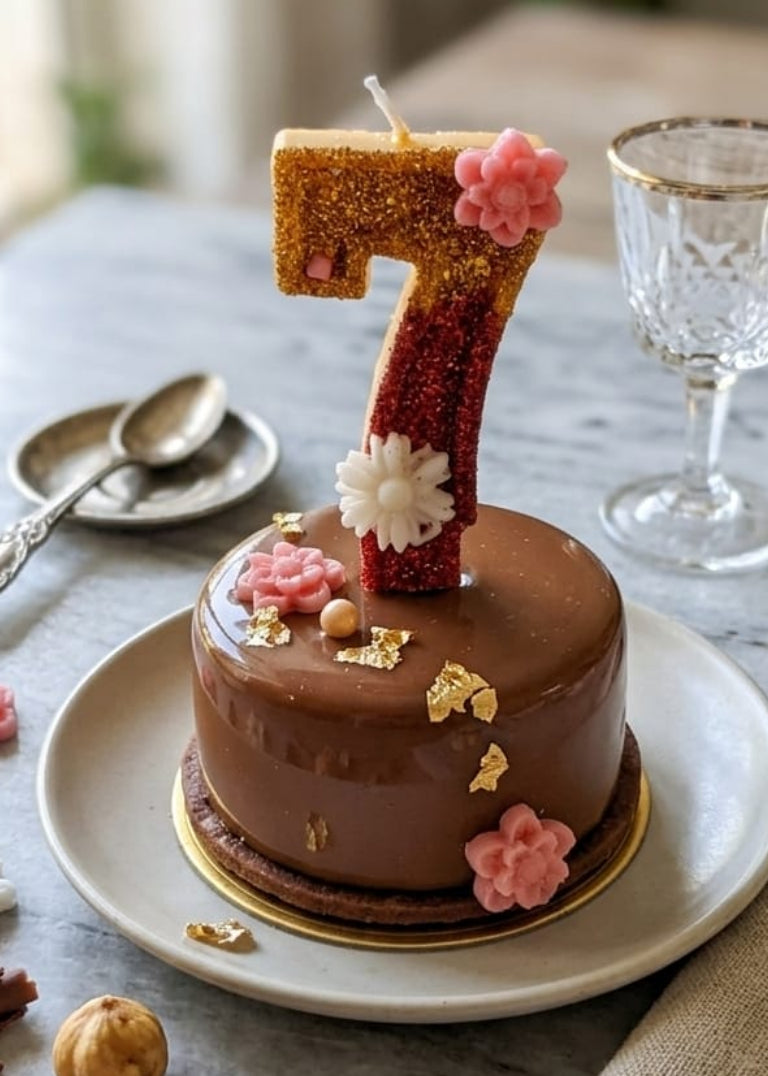 Chocolate cake with a number 7 candle on a wooden table with decorative elements.