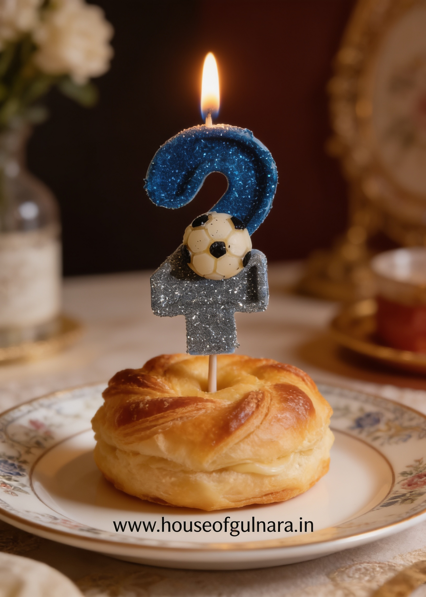 TWO BLUE FOOTBALL GLITTER  NUMBER DESIGNER CANDLE WITH STICK