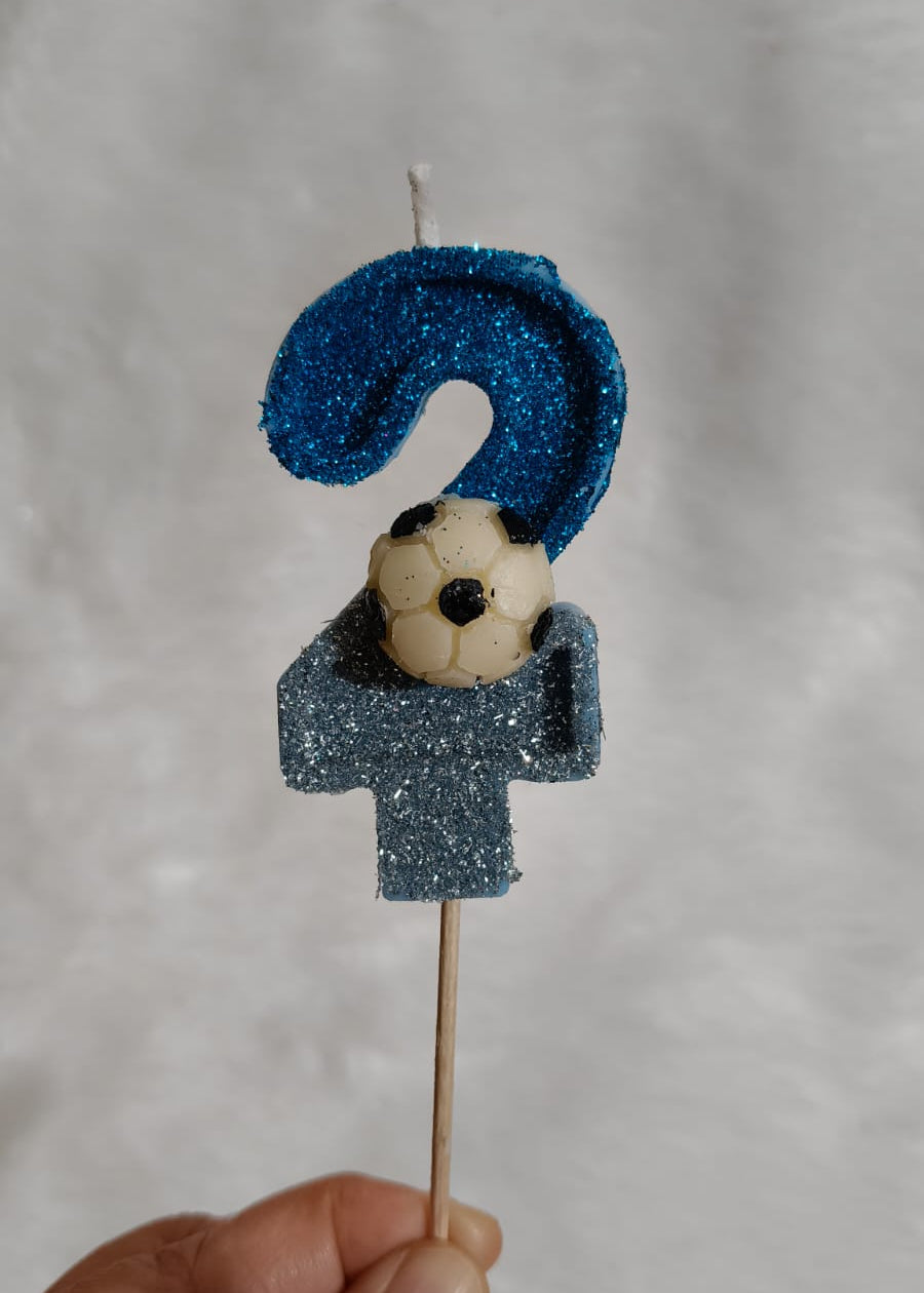 TWO BLUE FOOTBALL GLITTER  NUMBER DESIGNER CANDLE WITH STICK