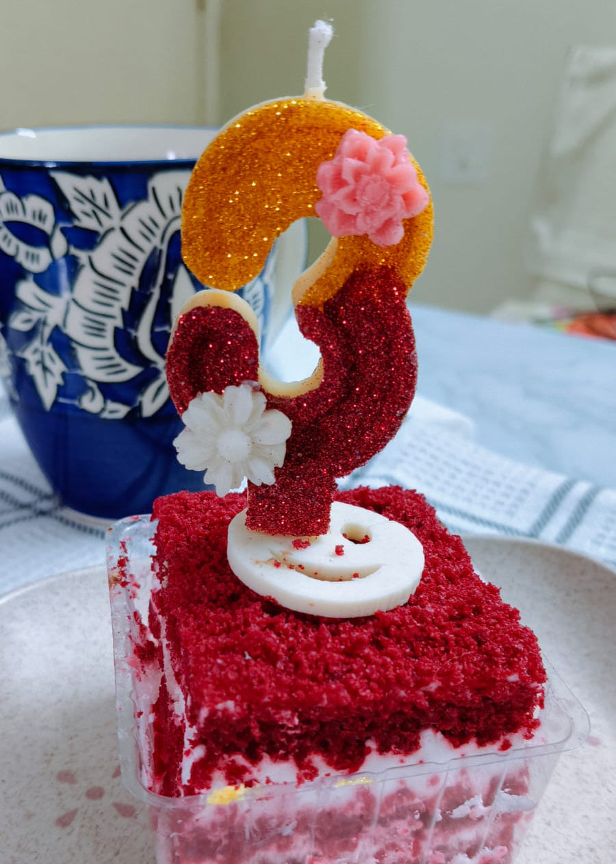 Three Number Floral Glitter Candle with Stick – Cake Topper
