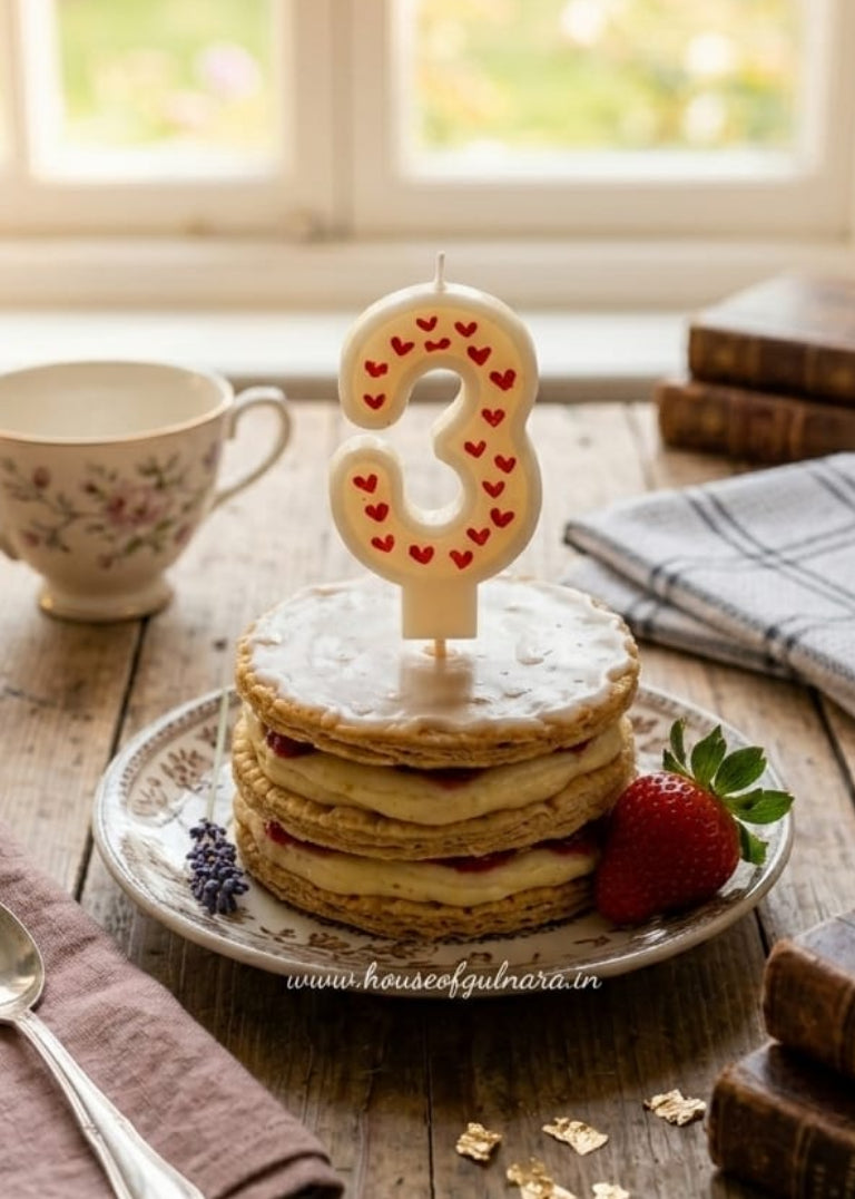 Stack of pancakes with a number 3 candle on a wooden table with a teacup and books in the background.
