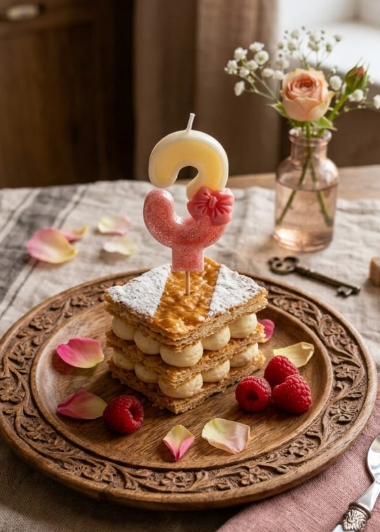 Stack of pancakes with a chicken-shaped candle on a wooden plate, surrounded by raspberries and flowers, on a table.