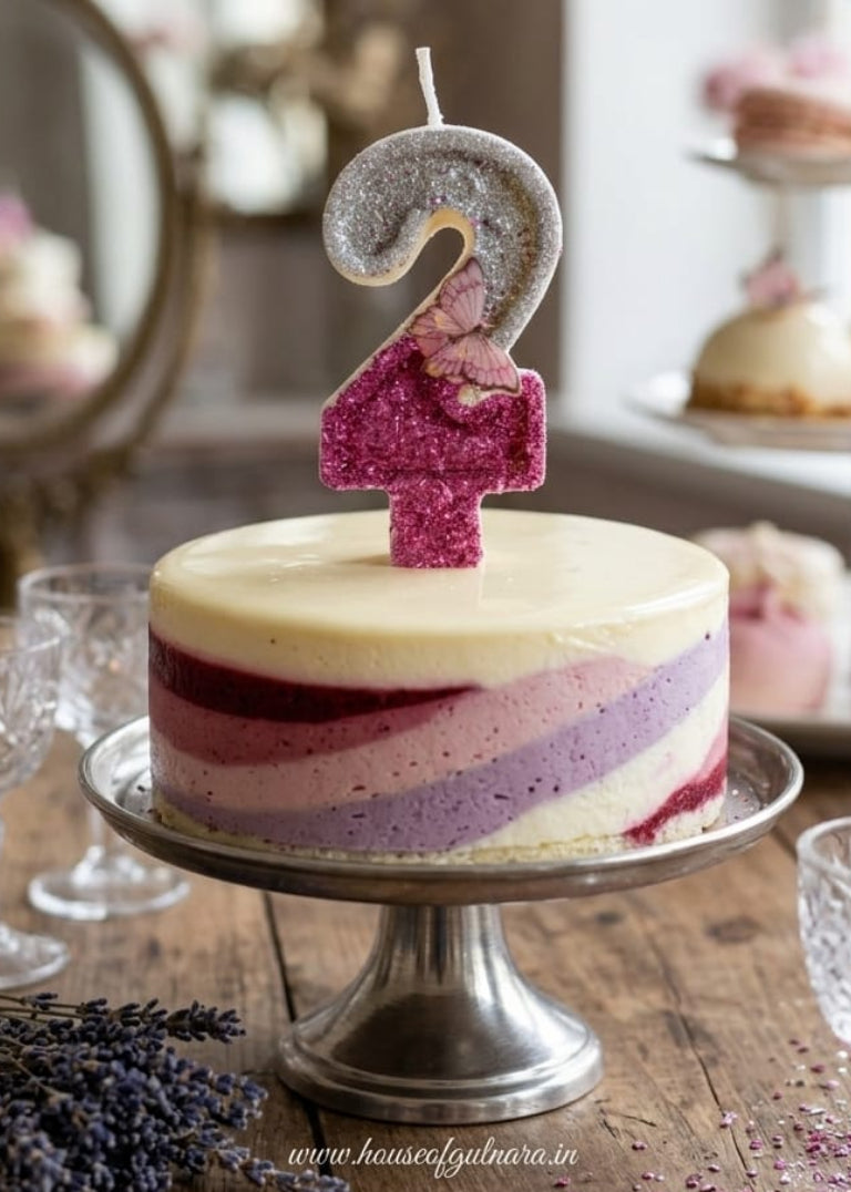 Small cake with number 2 candle on a wooden table with decorative elements