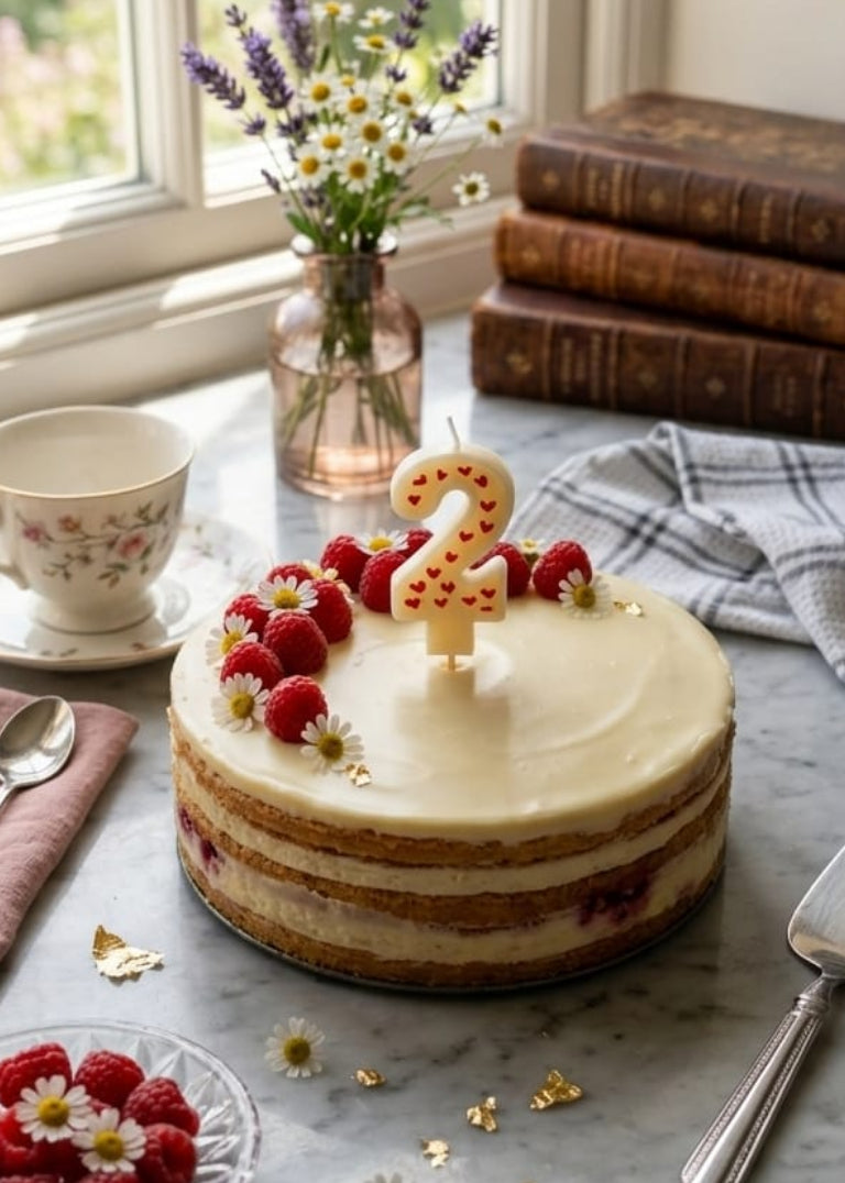 Decorative cake with berries on a marble surface near a window