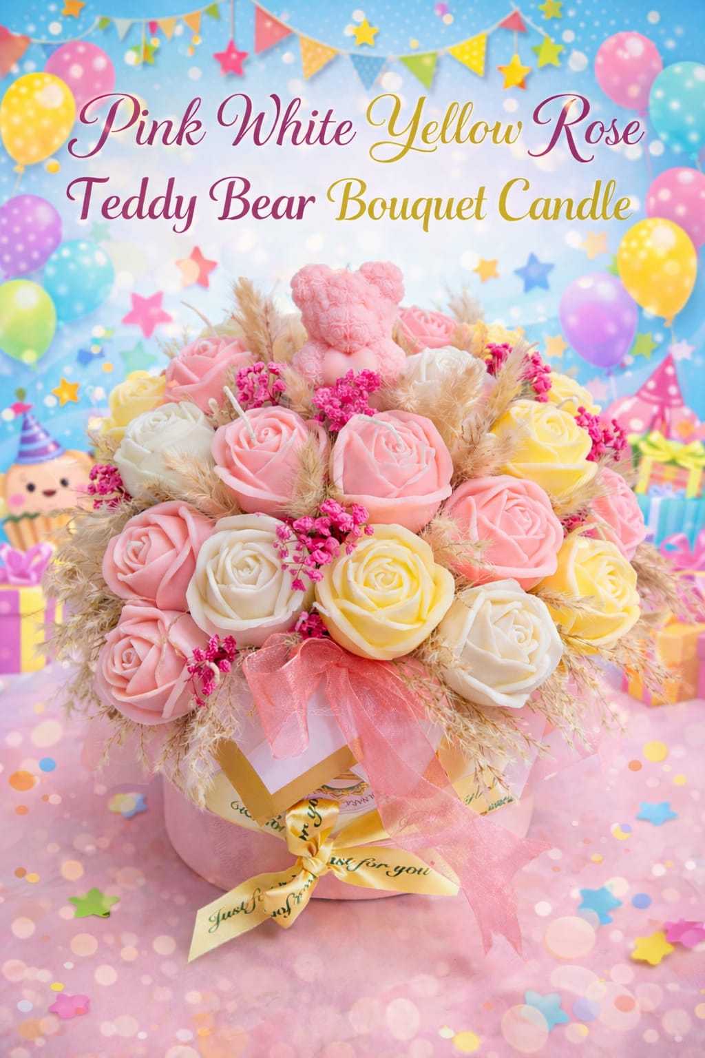 PASTEL PROMISE PINK & WHITE ROSE CANDLE BOUQUET