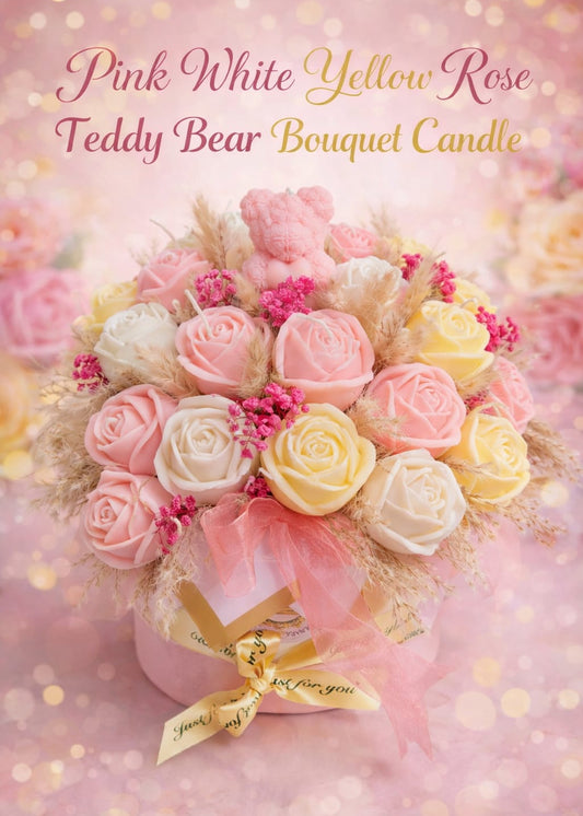 Bouquet of pink, white, and yellow roses in a box with a teddy bear, on a pink background.