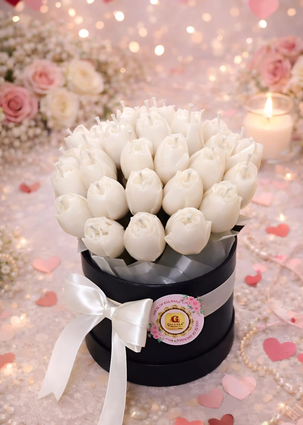 Bouquet of white tulips in a black box with a white ribbon on a decorative background with hearts and lights.