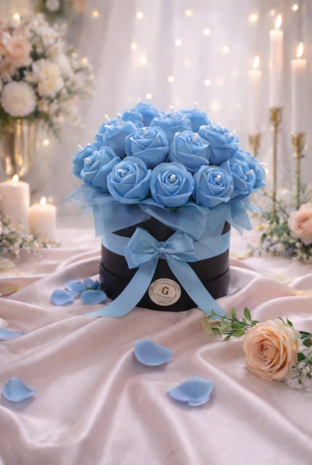 LIGHT BLUE CALM ROSE CANDLE BOUQUET